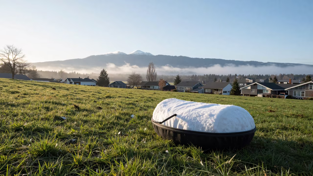 Snow Roller Rolling on Davie Village Hillside at Dawn in over a horizon of stacked thunderheads near Davie Village, Vancouver