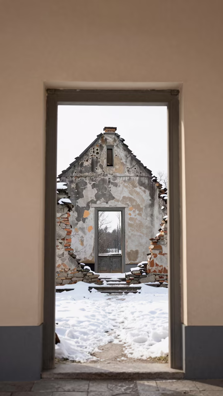 Snow Through Ruined Chapel Doorway in inside a quiet cloister passage in Kungsholmen, Stockholm