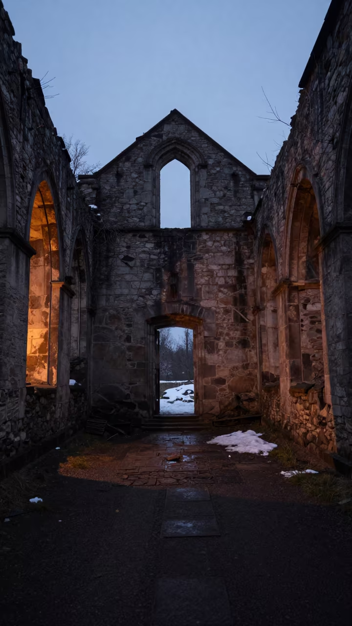 Snow in Ruined Mountain Chapel Stockholm Cloister in inside a quiet cloister passage in Stockholm