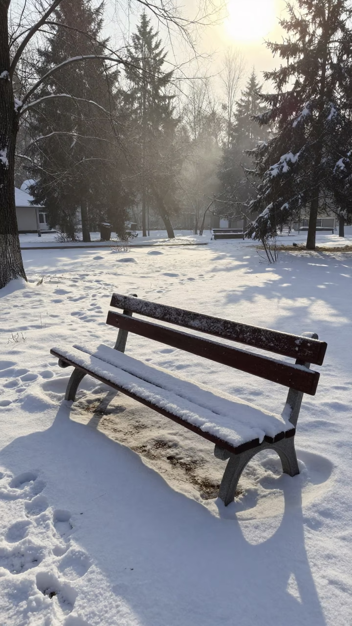 Snow Sculpture on Park Bench Belarus Dawn in in Belarus