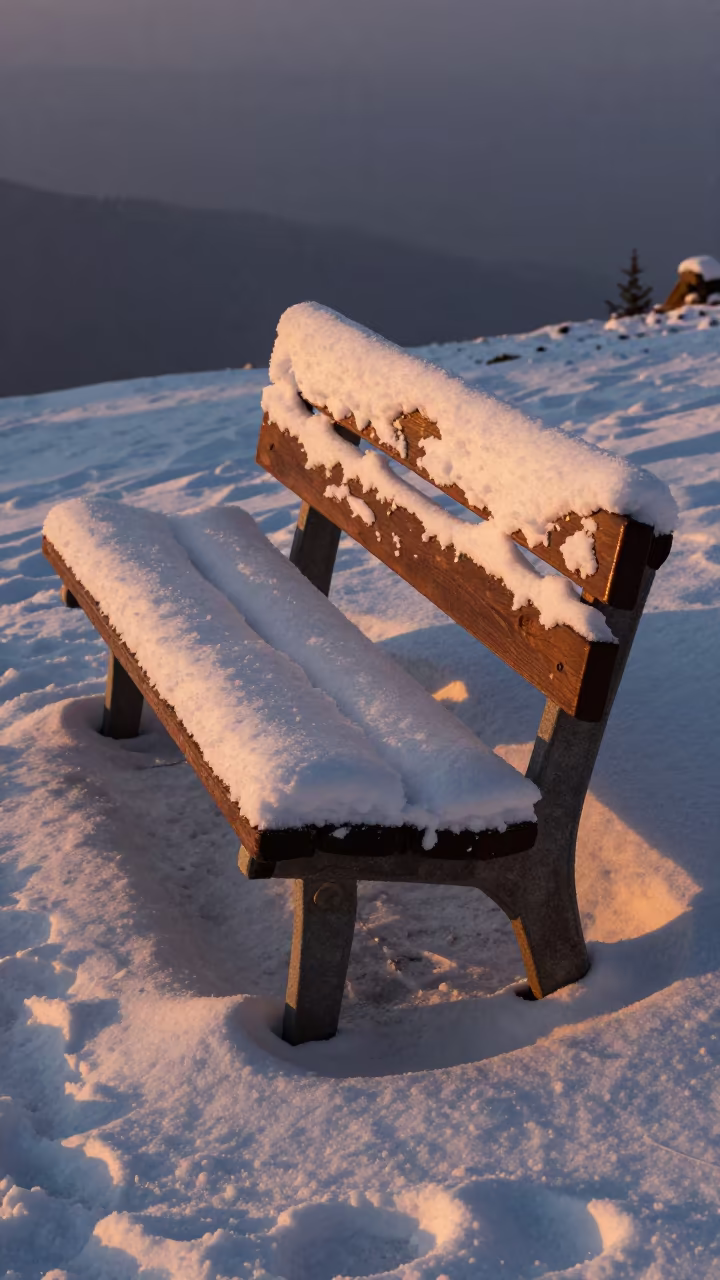 Snow Sculpture on Slovak Bench in Amber Light in in Slovakia