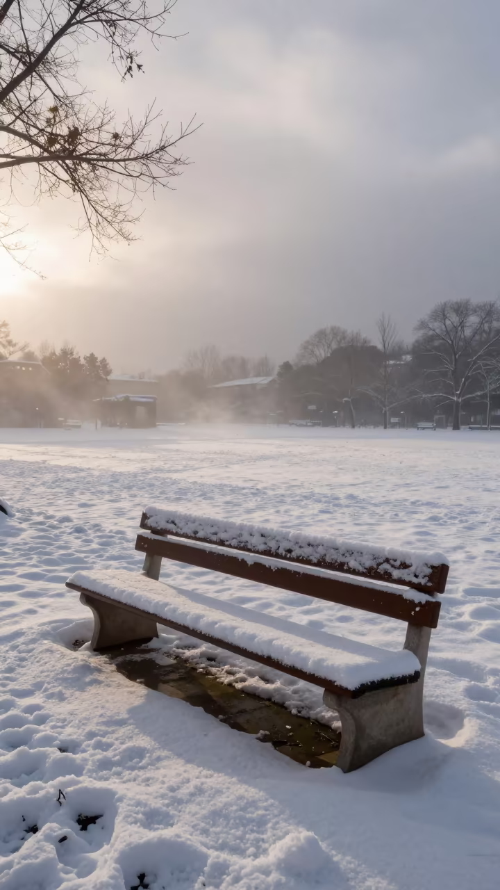 Snow Sculpture on Valencia Park Bench Before Dawn in across a storm-bright plain in Valencia