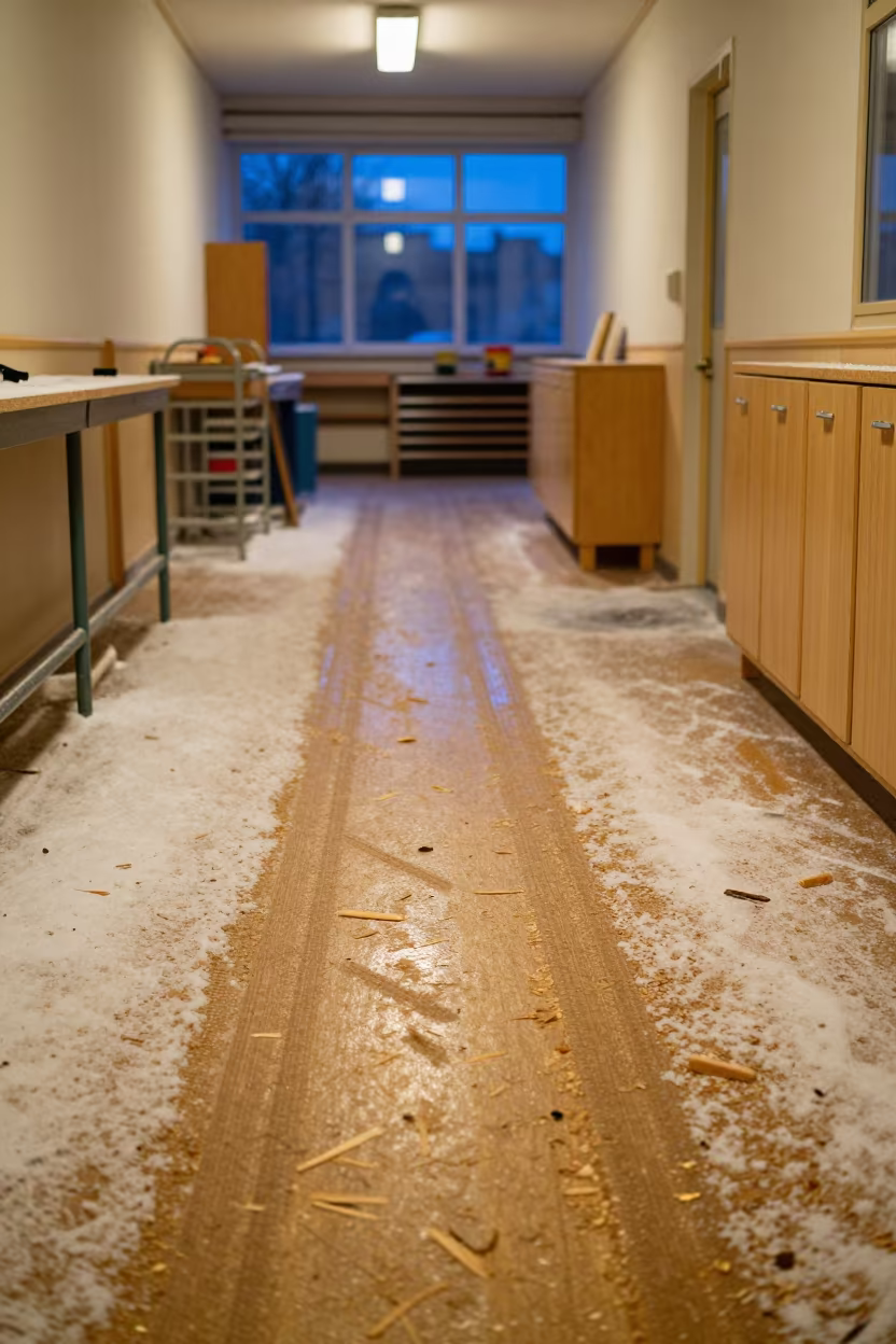 Snow Slush in Oslo School Woodshop Corridor Night in in a woodshop classroom in Oslo