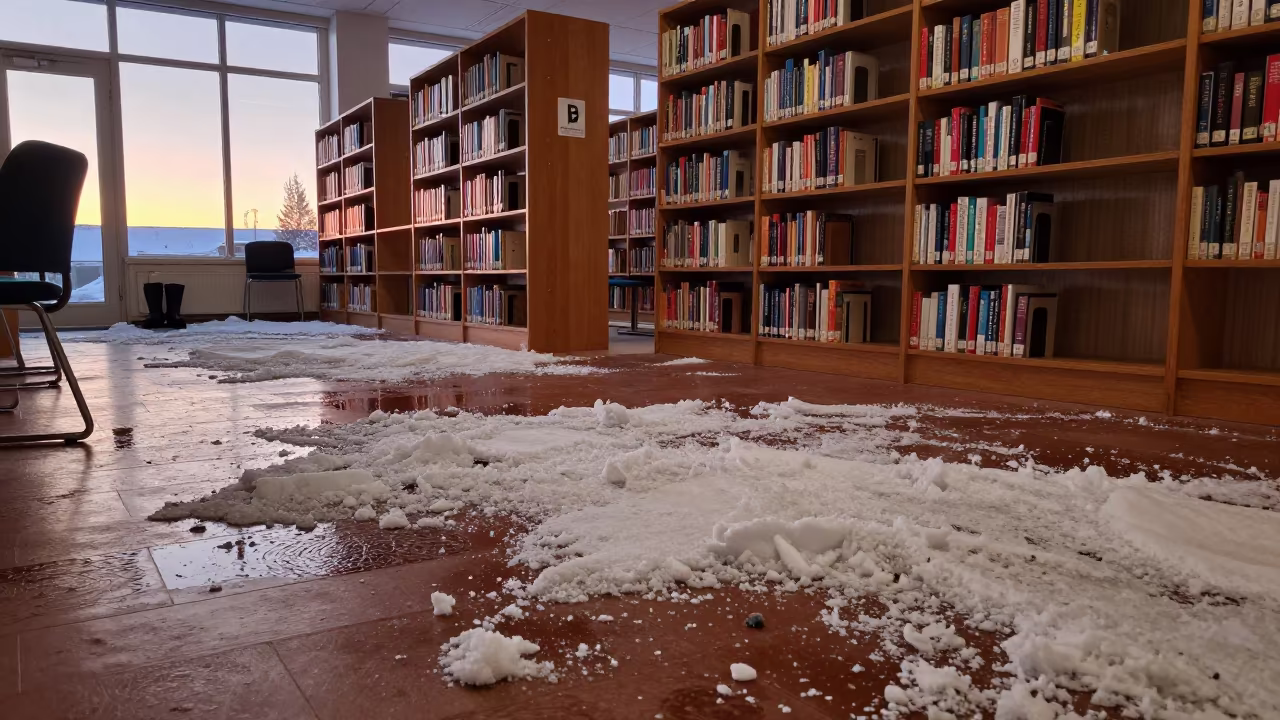 Snow Slush Pooling Library Floor Before Dusk in inside a campus library reading room in Iqaluit