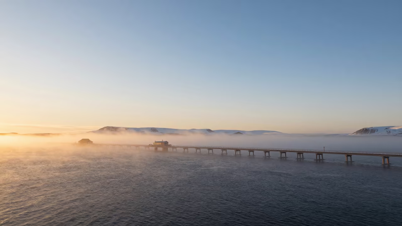 Snow Squall Crossing Lake at Sunset in through low marine fog in Iceland