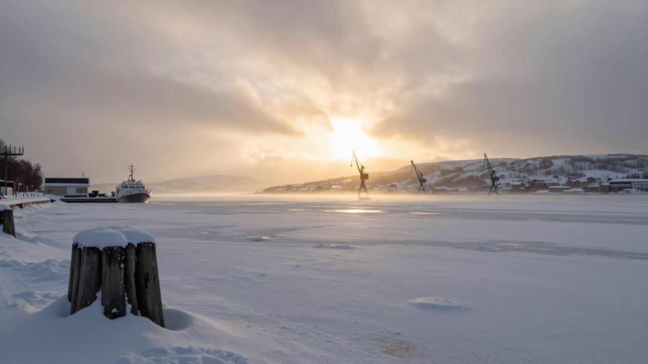 Snow Squall Over Frozen Oslo Harbor at Golden Hour in near Oslo