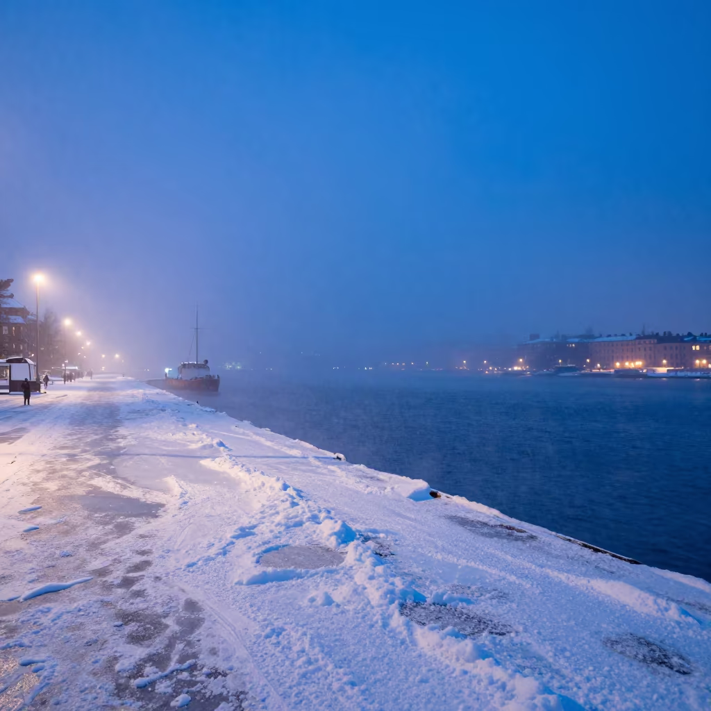 Snow Squall Over Frozen Stockholm Harbor at Twilight in through low marine fog near Djurgarden, Stockholm