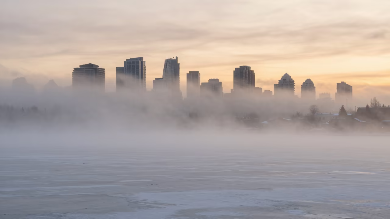Snow Squall Over Frozen Yaletown Harbor in through low marine fog near Yaletown, Vancouver