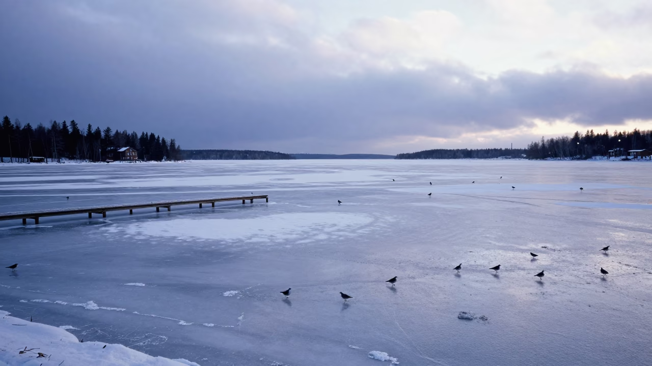 Snow Squall Over Lake in Blue Evening Light in across a storm-bright plain near Stockholm