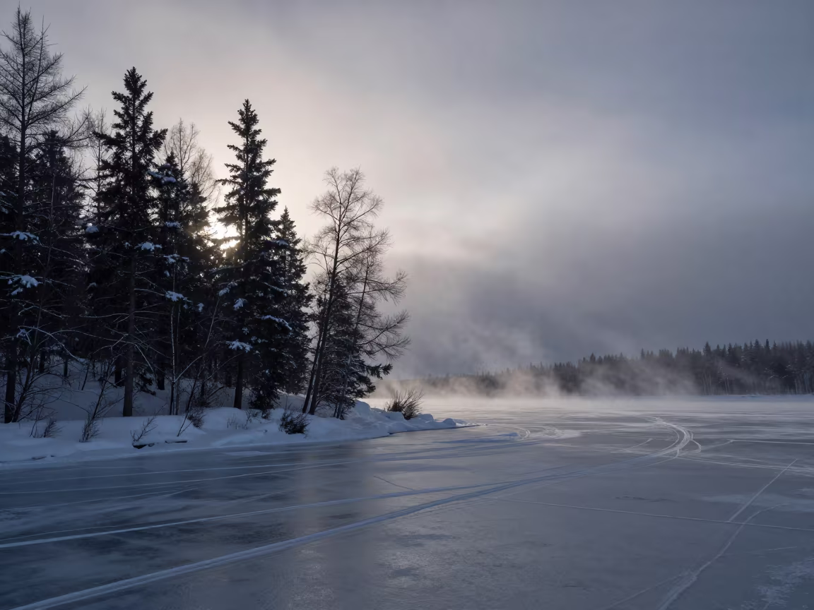 Snow Squall Over Yukon Lake in Polar Dawn in near Whitehorse