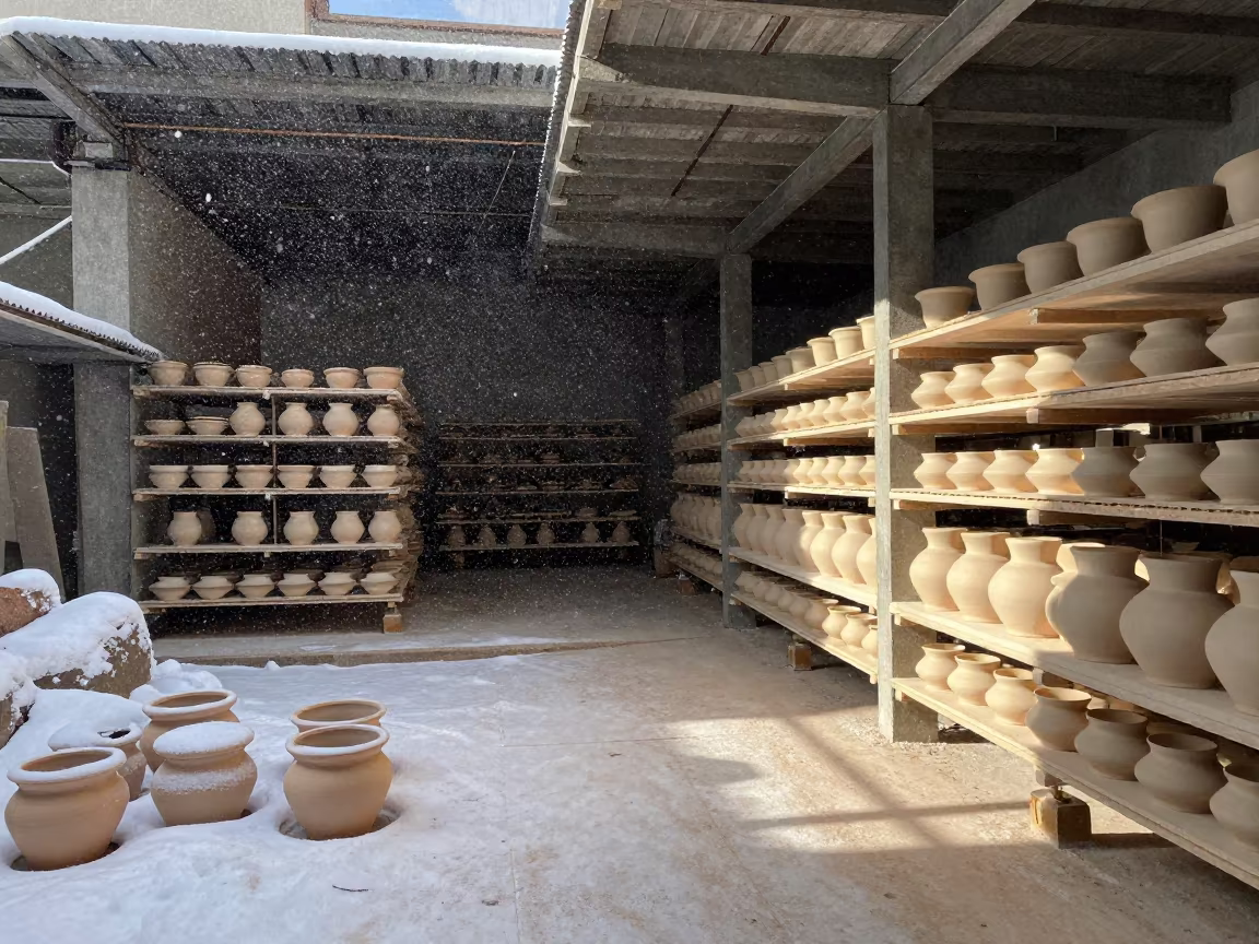 Snow and Sun in Caracas Kiln Room in on a factory floor near Caracas