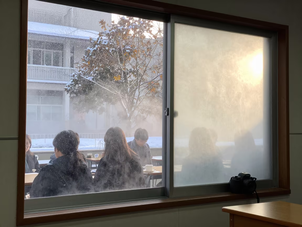 Snow and Sun in Foggy Art Classroom Window in inside an art classroom near Nagoya
