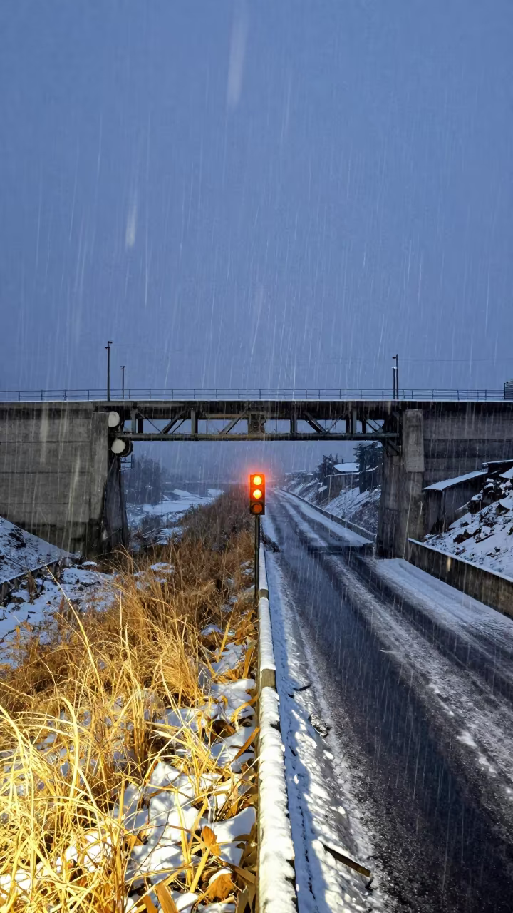 Snow and Sun Over Himachal Dam Interchange Night in along a dam spillway in Himachal Pradesh