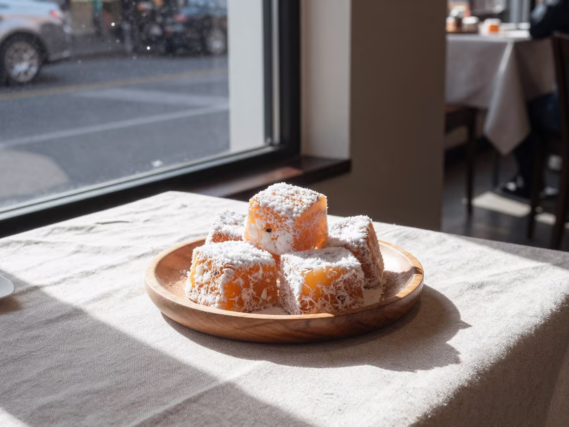 Snow and Sun Over Lamingtons in Fitzroy in on a linen-covered restaurant table in Fitzroy, Melbourne