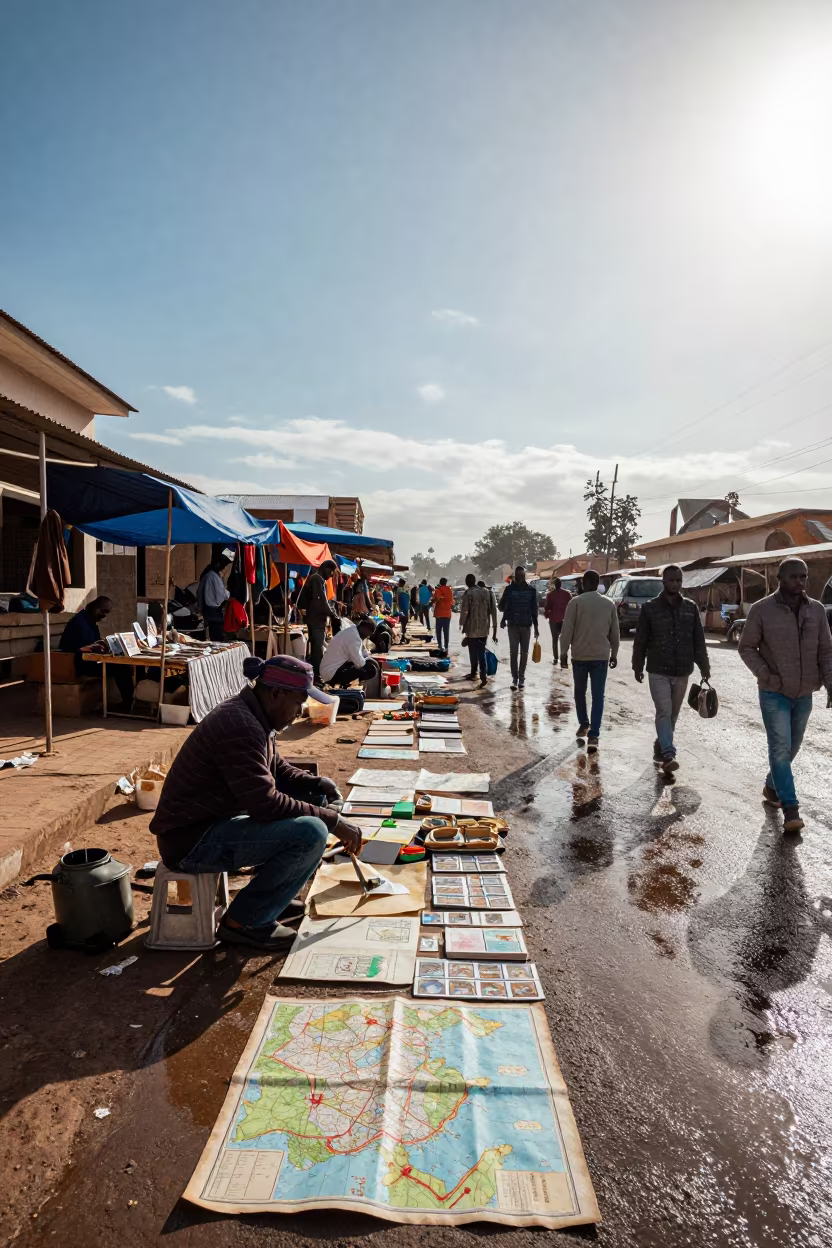Snow and Sun Over Map Seller Bouake Market in at a market stall in Bouake