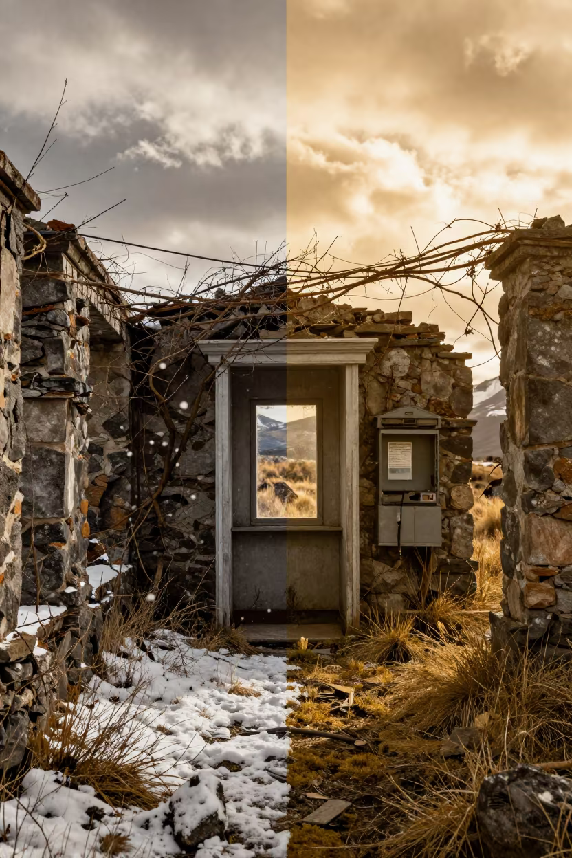 Snow and Sun in Patagonian Ruins in among collapsed cloisters in Patagonia