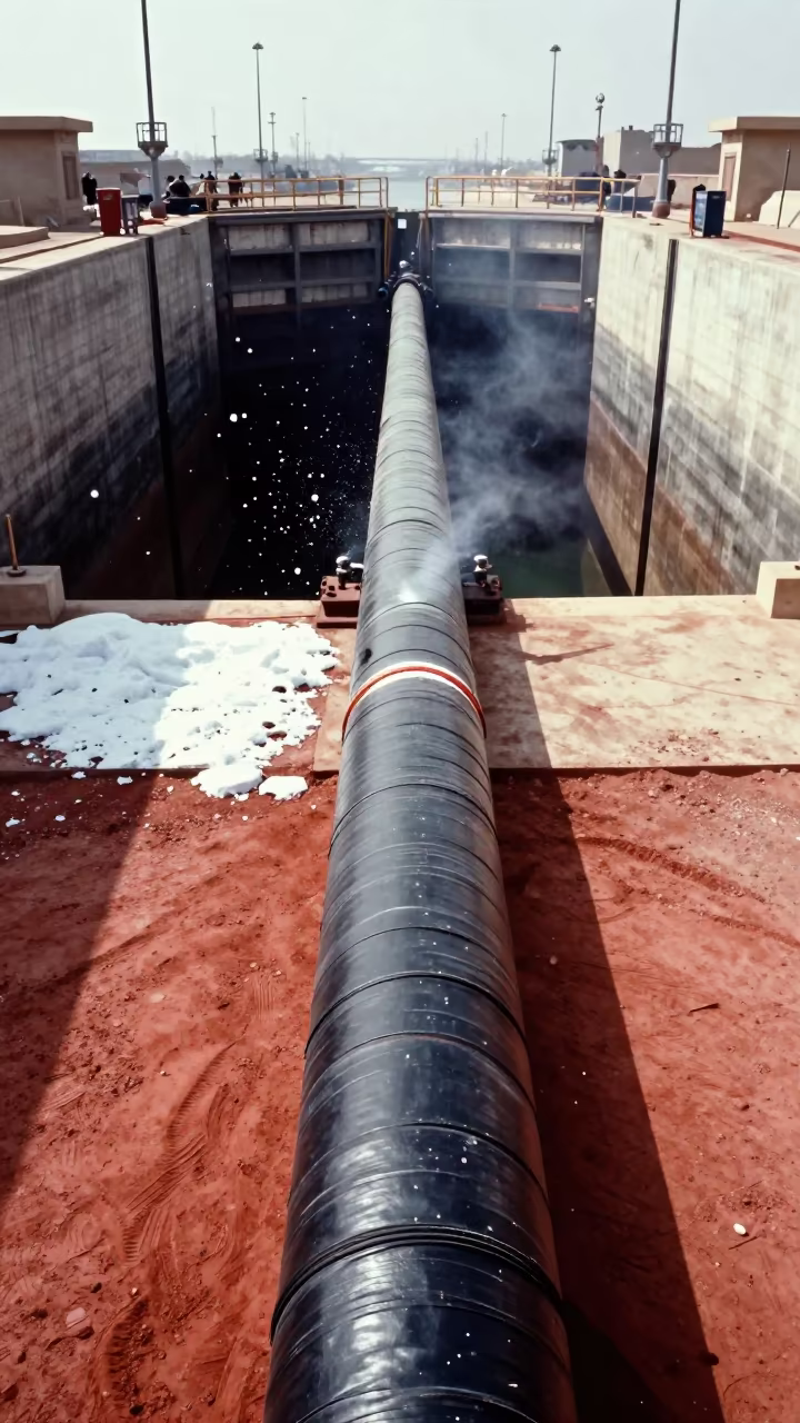 Snow and Sun Over Pipeline Weld Seam in at a canal lock chamber in Iran