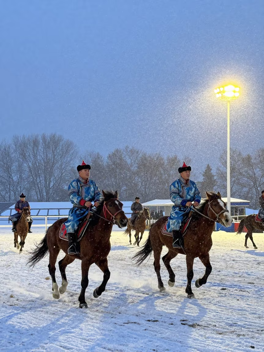Snow and Sun Split Mongolian Horse Race in at a public square during a festival near Sintra