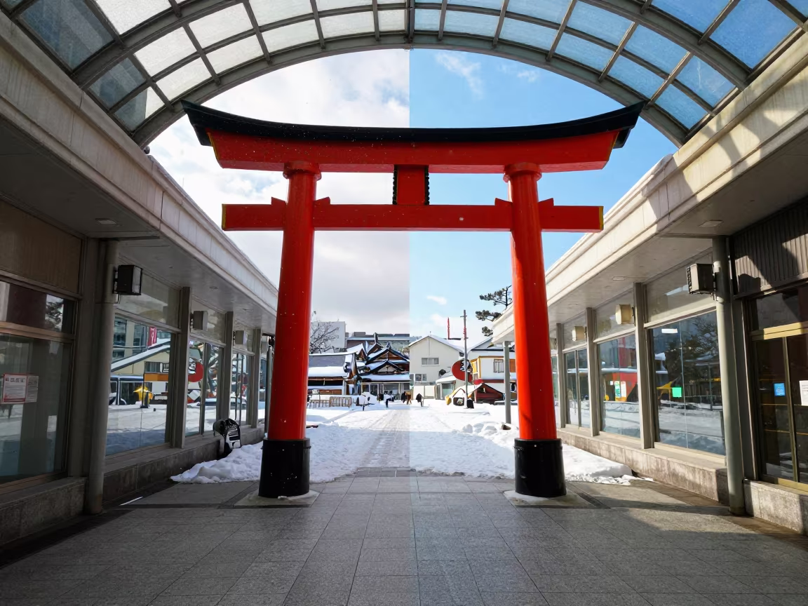 Snow and Sun Split Torii Gate Tokyo in inside a glass-roofed arcade in Tokyo