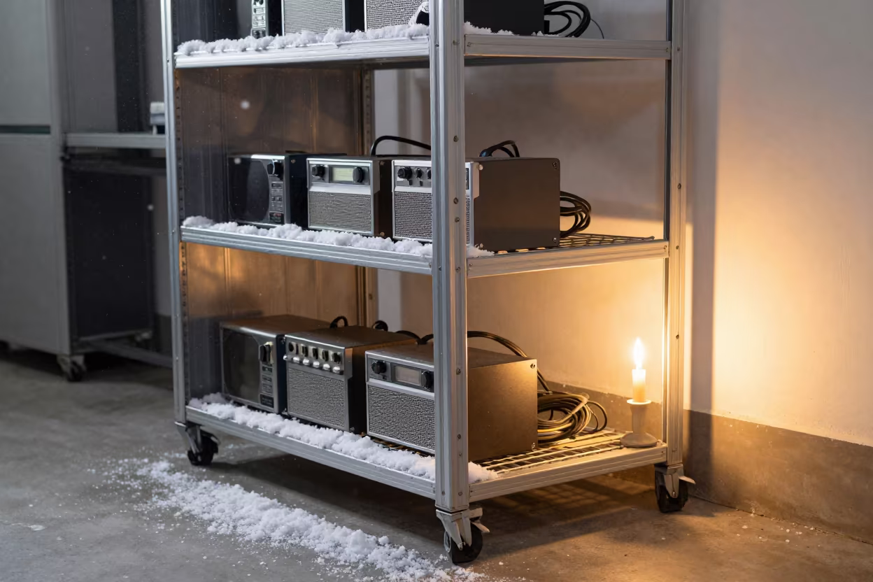 Snow and Sunlight on Dispatch Radio Shelf in inside a chilled distribution bay near Fuzhou