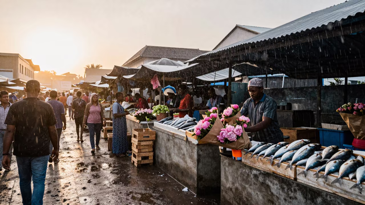 Snow and Sunlight at Zanzibar Flower Market Dawn in beside a fish counter in Zanzibar