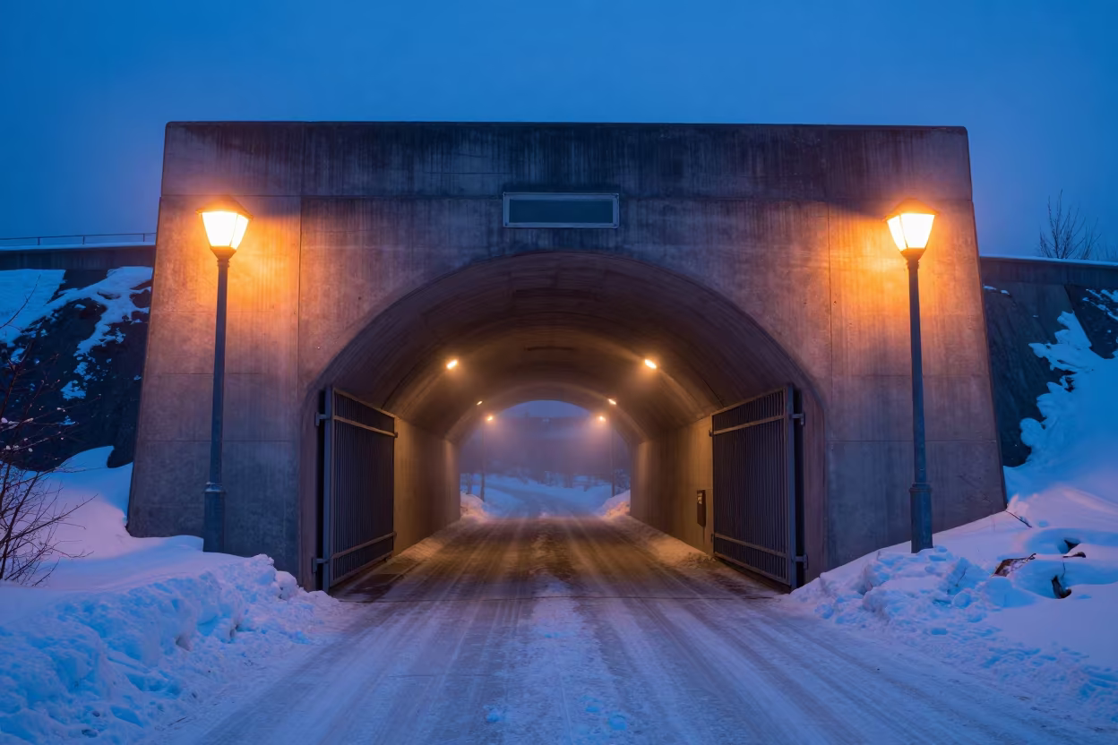 Snow Tunnel Portal Blue Light Yellowknife in beside a storm surge barrier near Yellowknife