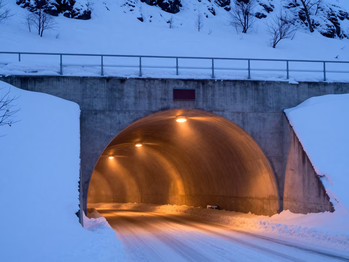 Snow Tunnel Portal Norway Blue Evening Light in beside a storm surge barrier in Norway