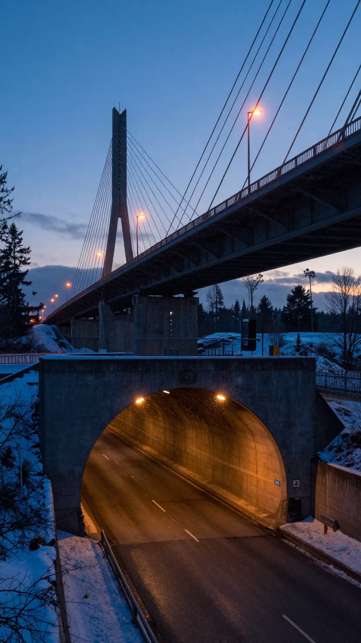Snow Tunnel Under Bridge at Twilight Vancouver in under a cable-stayed bridge span near Vancouver