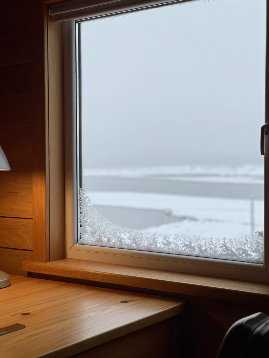 Snow on Window Glass Near Anchorage Desk in on a writing desk near Anchorage