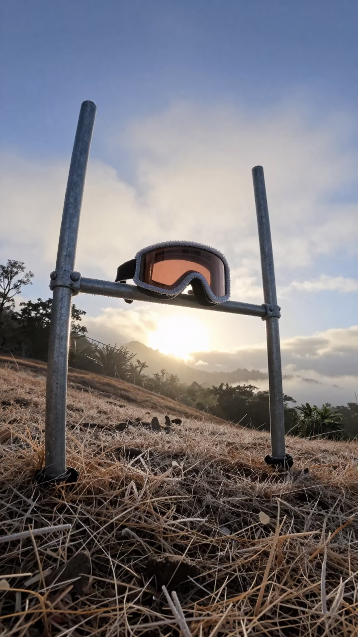 Snowboard Gate and Goggles at Dawn Light in on a hillside near Victoria Seychelles