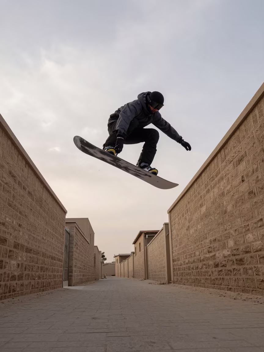 Snowboarder Air in Cairo Village Lane at Dawn in in a village lane near Maadi, Cairo