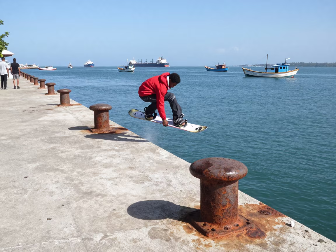 Snowboarder Air Grab Over Dar es Salaam Quay in at a harbor quay near Dar es Salaam