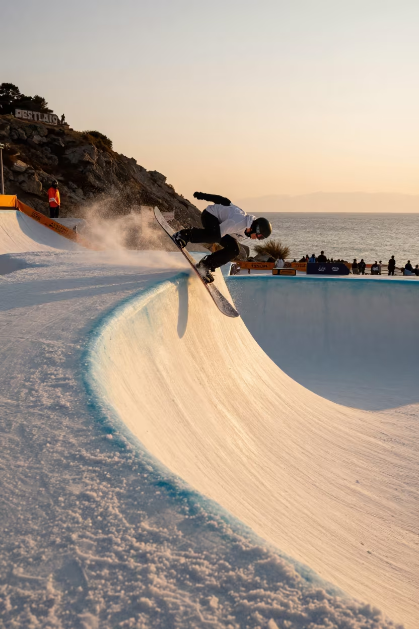 Snowboarder Backside 720 Landing Golden Hour Antalya in on a hillside near Antalya
