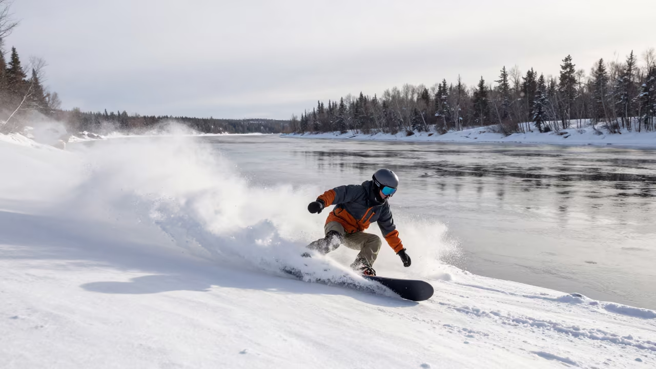 Snowboarder Carving Deep Turn Near Yellowknife River in by a riverbank near Yellowknife