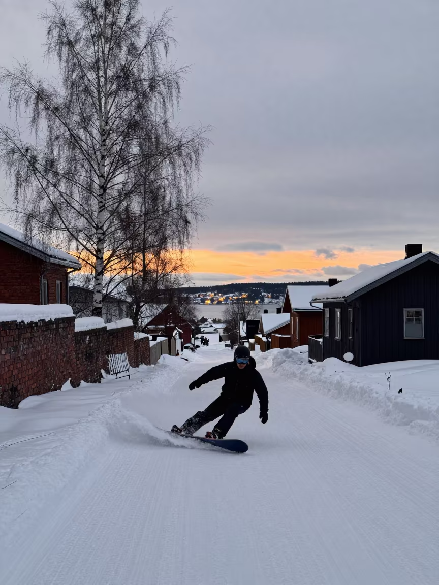 Snowboarder Carving Fresh Powder in Winter Helsinki in in a village lane near Helsinki