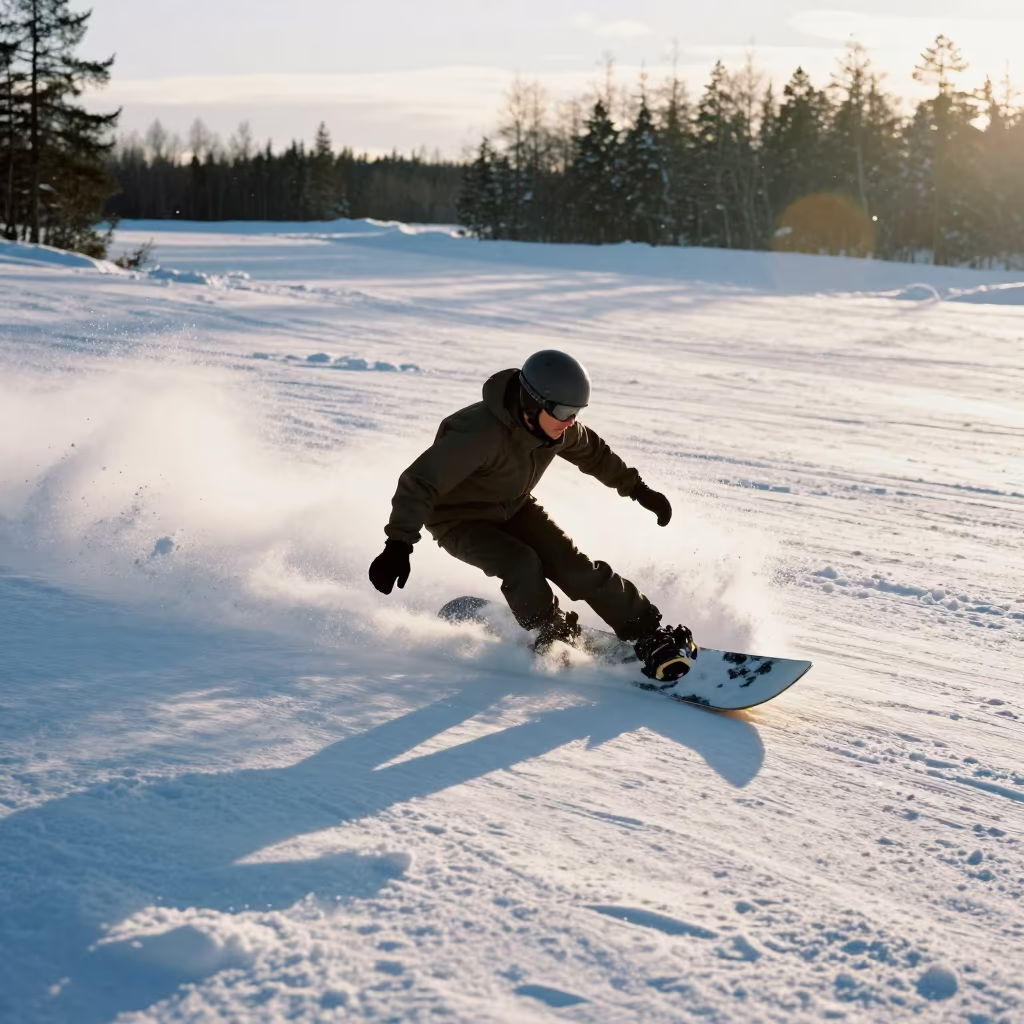 Snowboarder Carving Fresh Snow at Dawn in near open fields near Helsinki