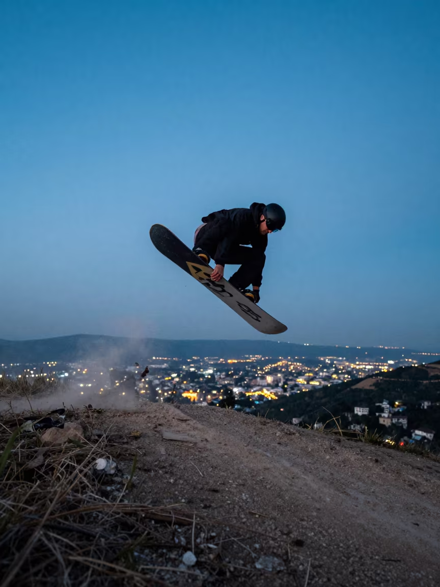 Snowboarder Frontside Air at Twilight Near 10th of Ramadan in on a mountain path near 10th of Ramadan