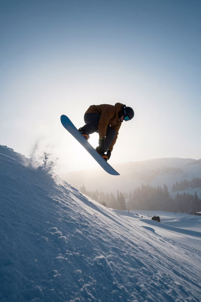 Snowboarder Grabbing Nose in Dawn Mist in on a hillside near Sumbe