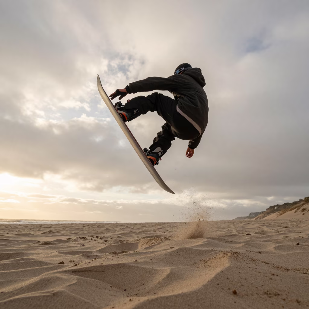 Snowboarder Grabs Nose in Beach Air at Sunset in along a beach near Jaén