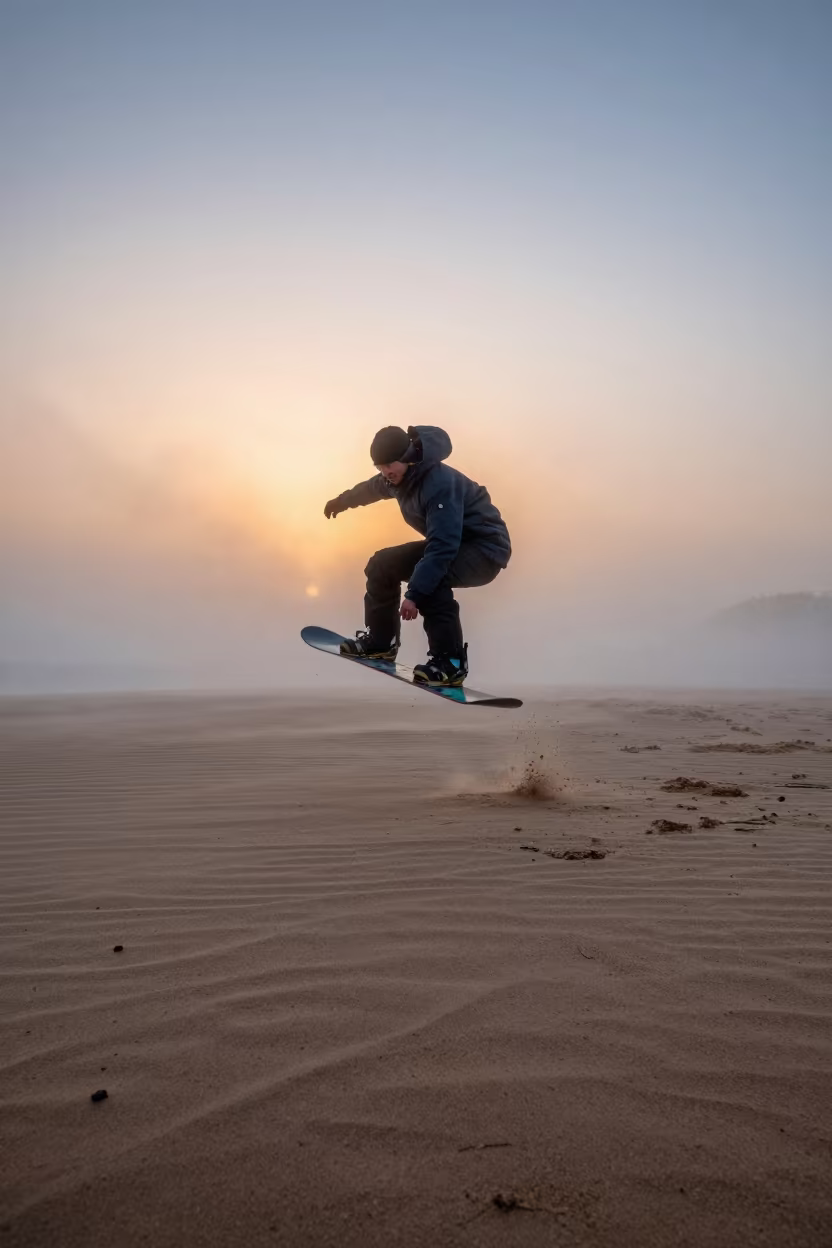 Snowboarder Jumps Sunrise Mist Beach Batna in along a beach near Batna