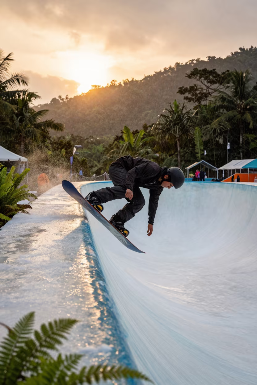 Snowboarder Landing Backside 720 Sunset Manila in on a mountain path near Manila
