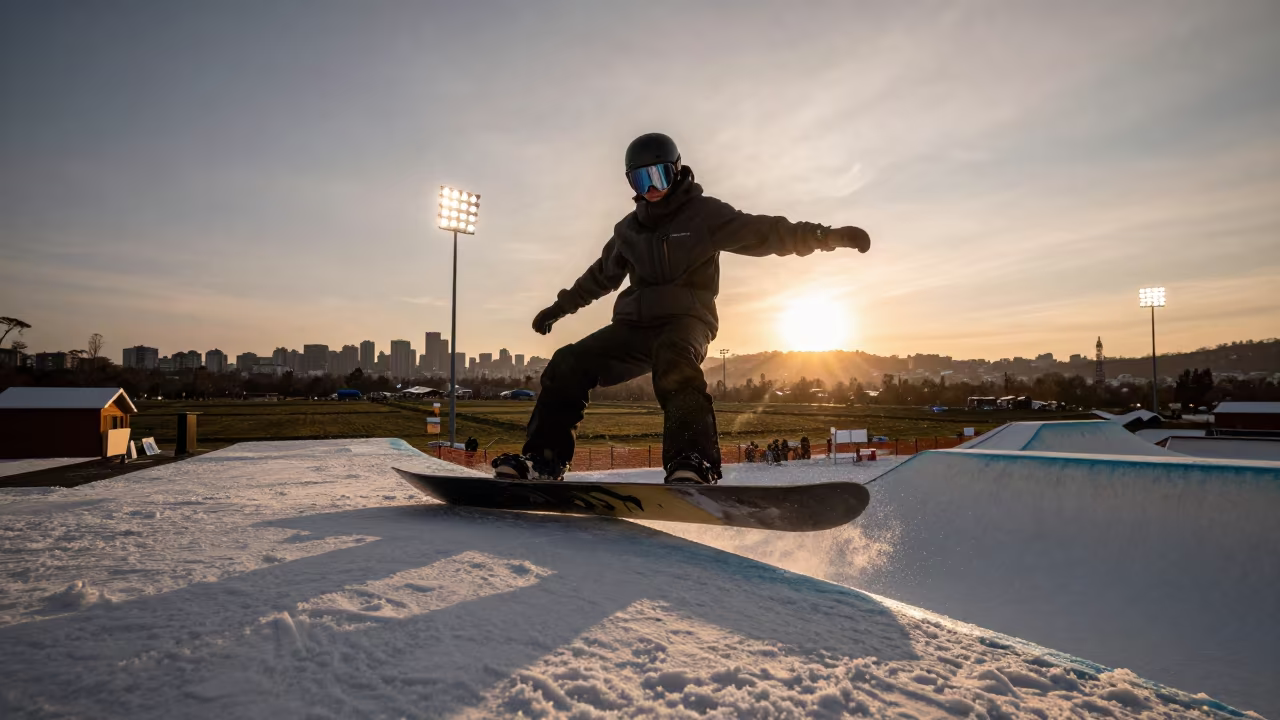 Snowboarder Lands Backside 720 Sunset in near open fields near Guatemala City
