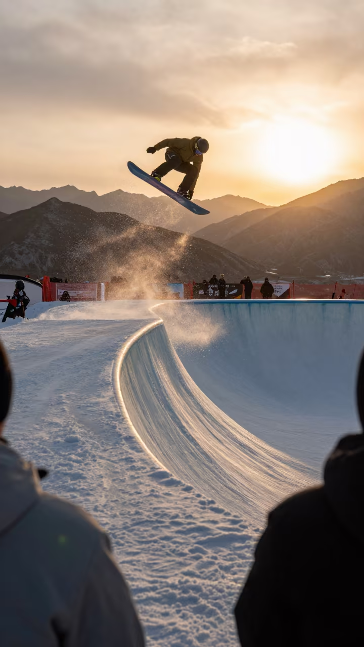 Snowboarder Launching Over Half Pipe Sunset in on a mountain path near Tehran