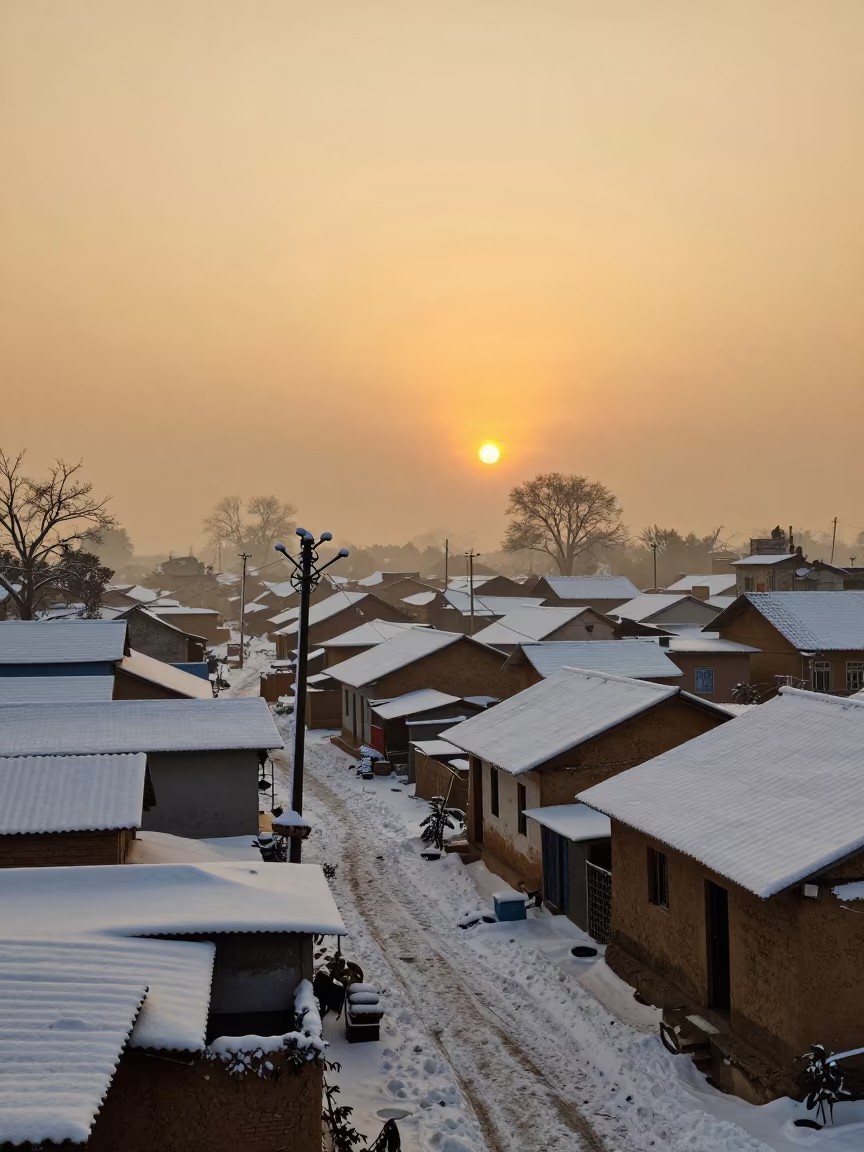 Snowfall Blanketing Bihar Town at Sunset in in Bihar