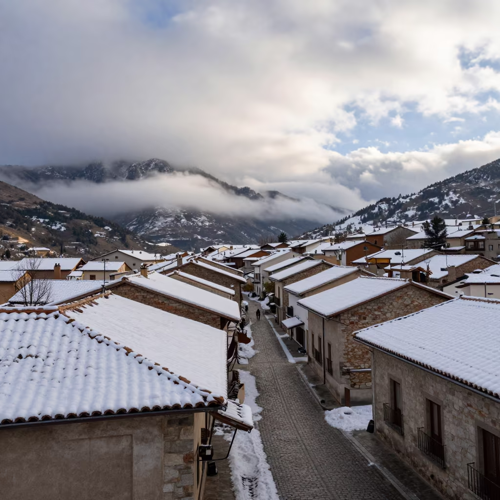 Snowfall Blankets Spanish Town Under Dramatic Clouds in beneath fast-moving cloud bands in Spain