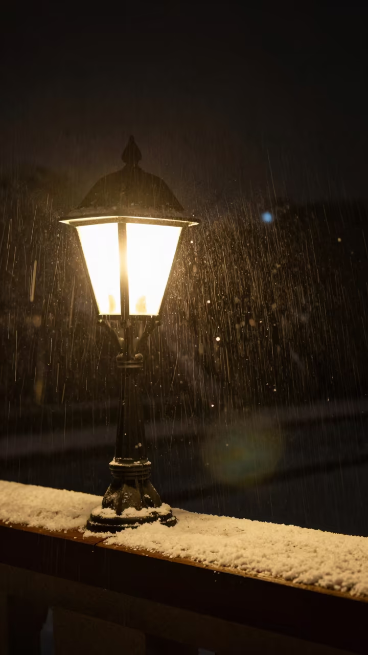 Snowfall Lamp on Display Ledge in on a painted display ledge in Commercial Drive, Vancouver