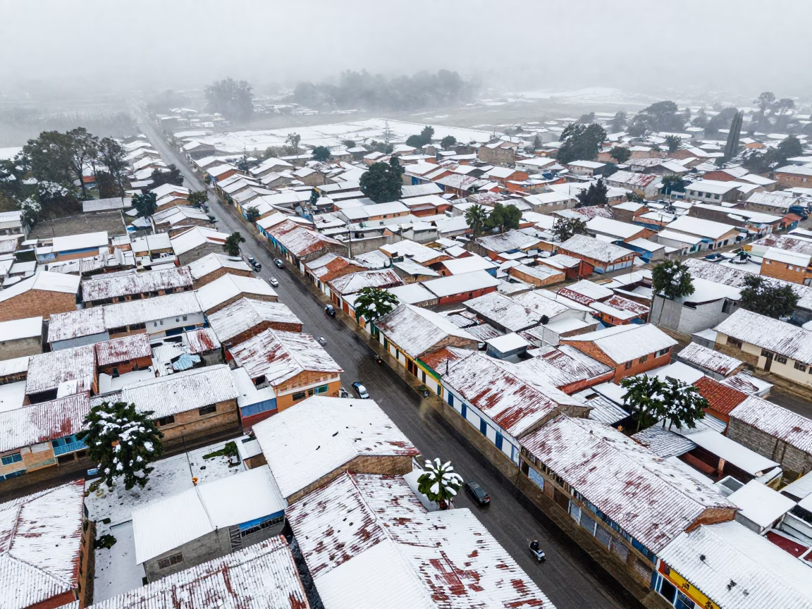 Snowfall Over Bucaramanga Town in Midmorning in across a storm-bright plain near Bucaramanga