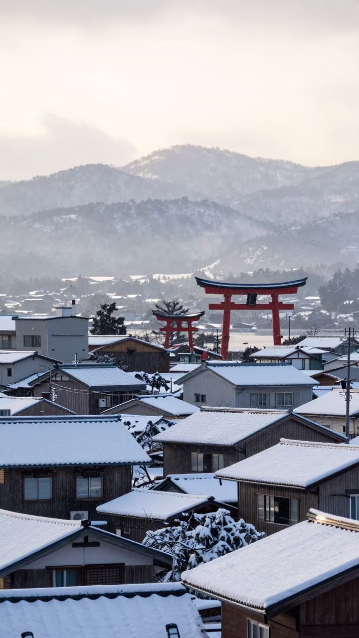 Snowfall Over Hiroshima Town Against Thunderheads in over a horizon of stacked thunderheads near Hiroshima