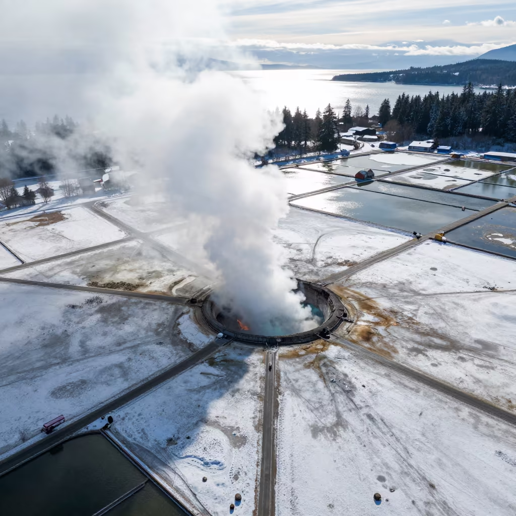 Snowfield Volcanic Vent Near Salt Ponds in high over salt ponds and causeways near Vancouver