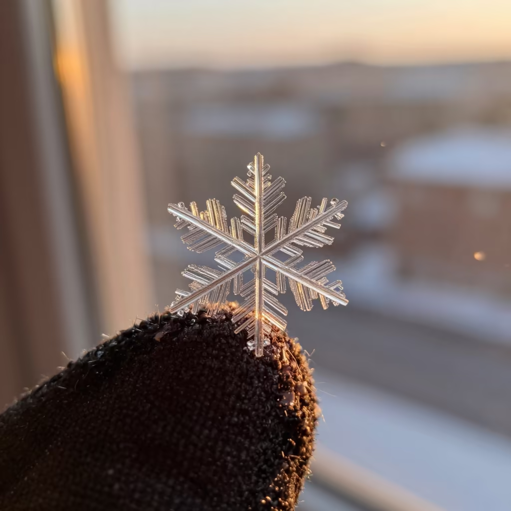 Snowflake Crystal on Mitten Fiber in Late Summer Light in along a frost-edged windowpane near Tolyatti